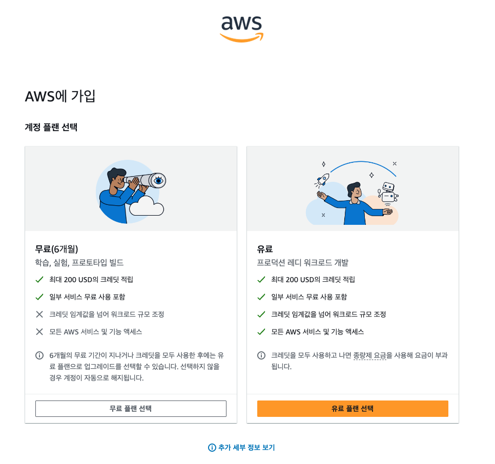 계정 플랜 선택 화면: 무료(6개월) 카드와 유료 카드 비교, 각각 무료 플랜 선택·유료 플랜 선택 버튼